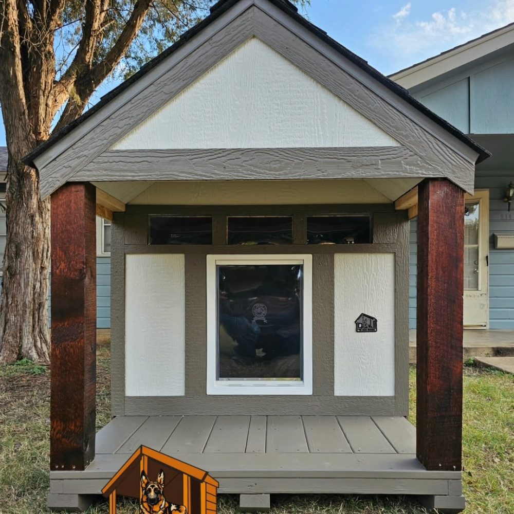 Durable outdoor dog house, insulated 4x6 ft with elevated 2-ft front porch – ideal for all seasons in Australian, Canadian, and American climates